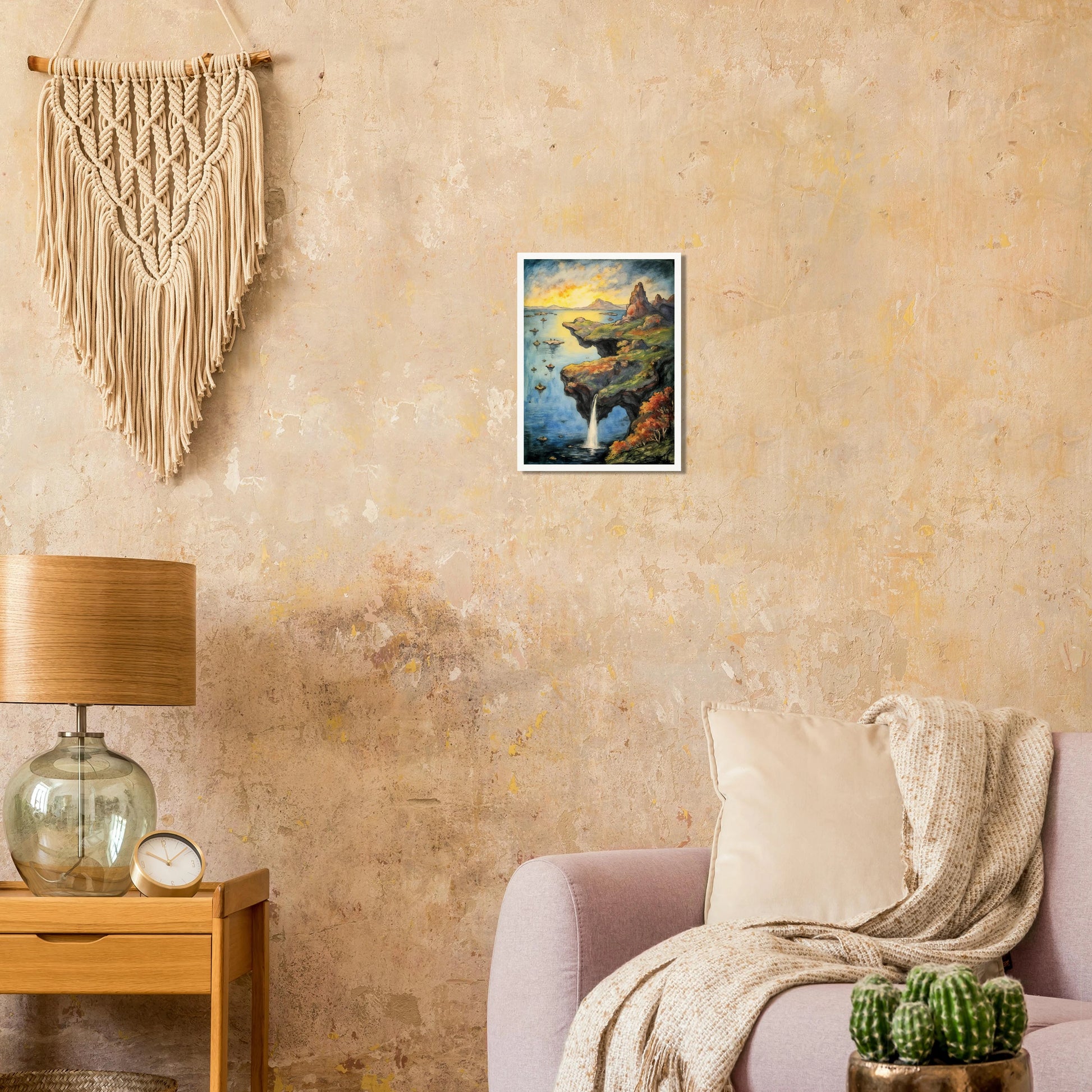 A dreamlike coastal cliff spills into tranquil blue waters beneath a glowing sky, with rocky peaks and autumn trees.