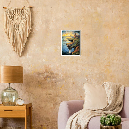 A dreamlike coastal cliff spills into tranquil blue waters beneath a glowing sky, with rocky peaks and autumn trees.