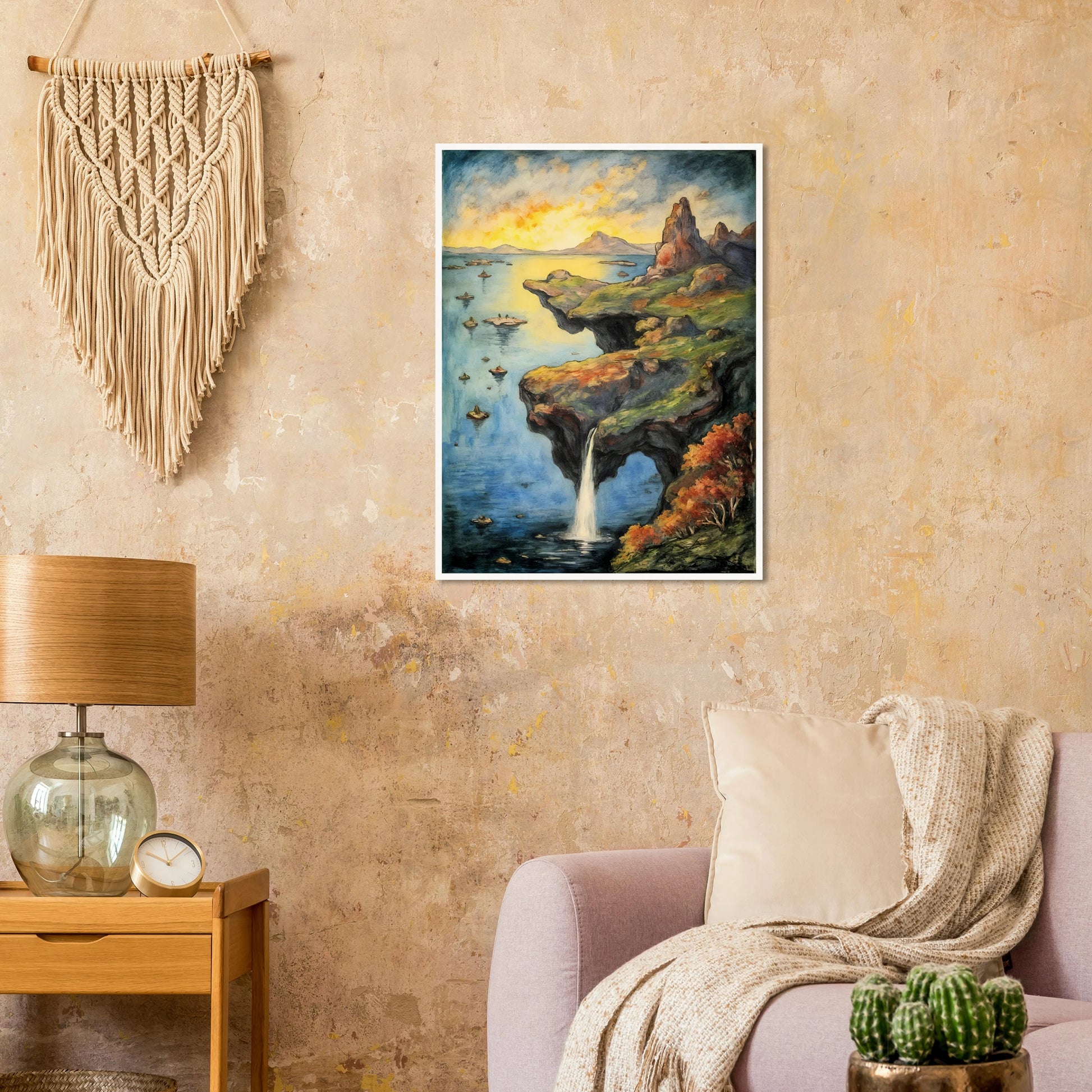 A dreamlike coastal cliff spills into tranquil blue waters beneath a glowing sky, with rocky peaks and autumn trees.