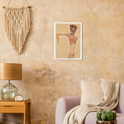 A gaunt male figure twists sharply, rendered in orange-brown washes and dark lines on tan paper.