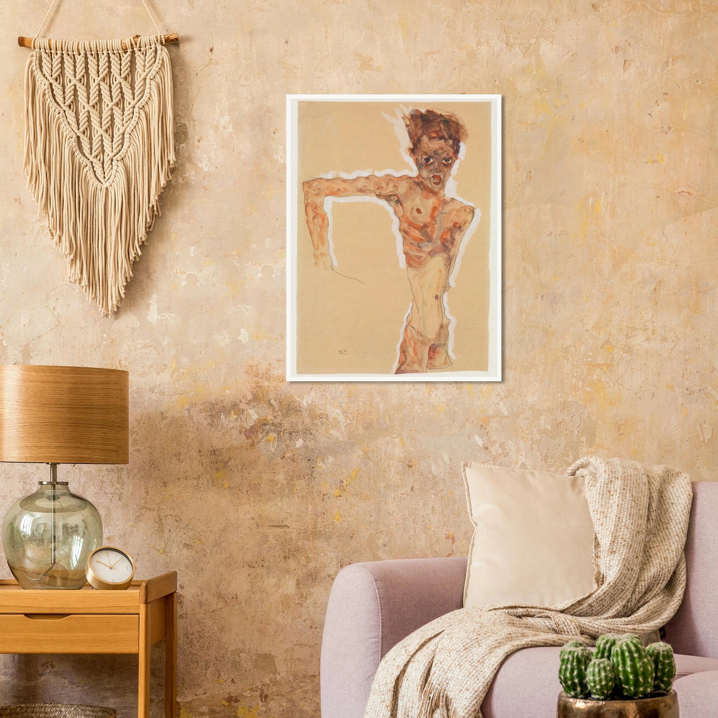 A gaunt male figure twists sharply, rendered in orange-brown washes and dark lines on tan paper.