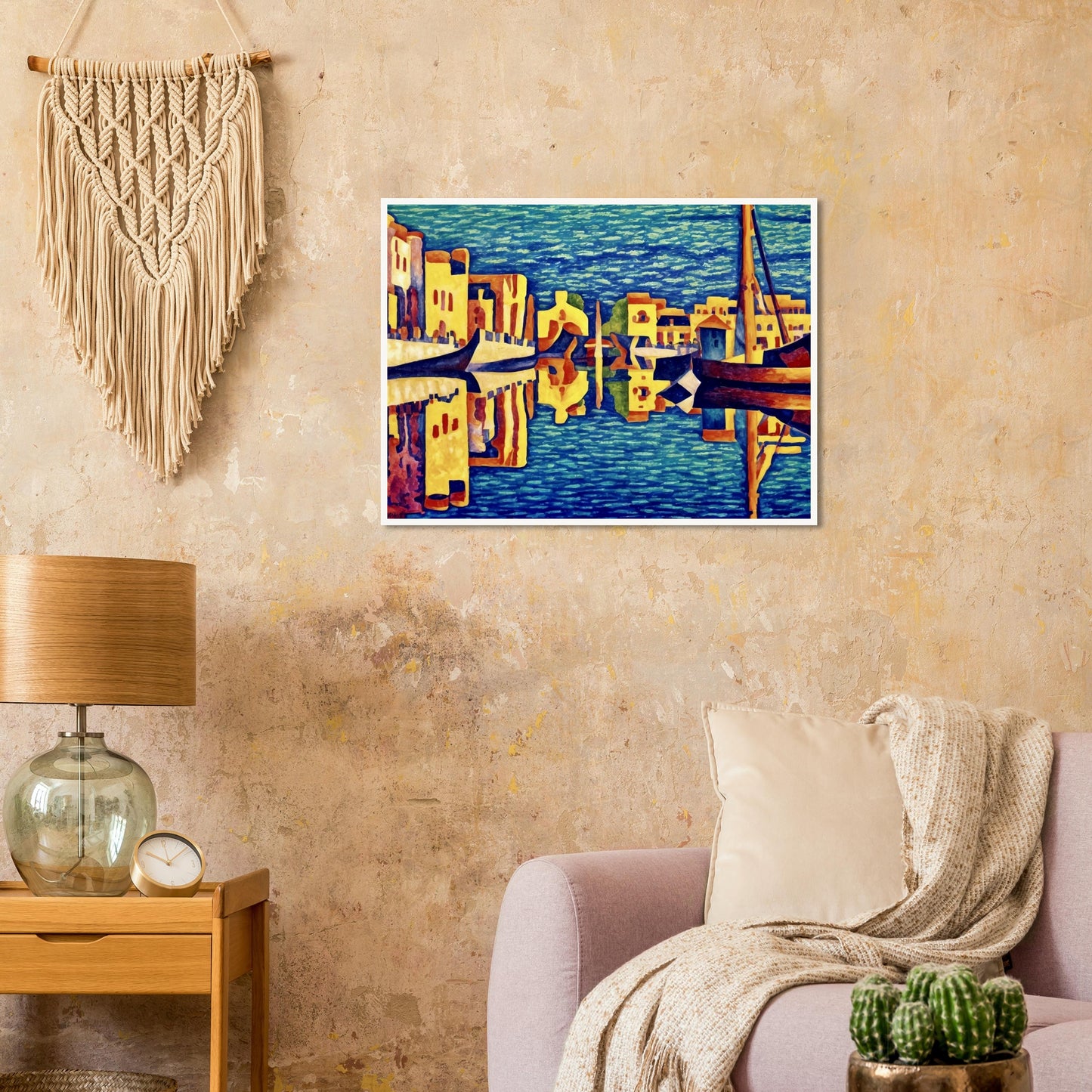 A vibrant depiction of a canal city with golden-hued buildings and gondolas reflecting in deep blue waters, creating a mesmerizing mirrored effect.