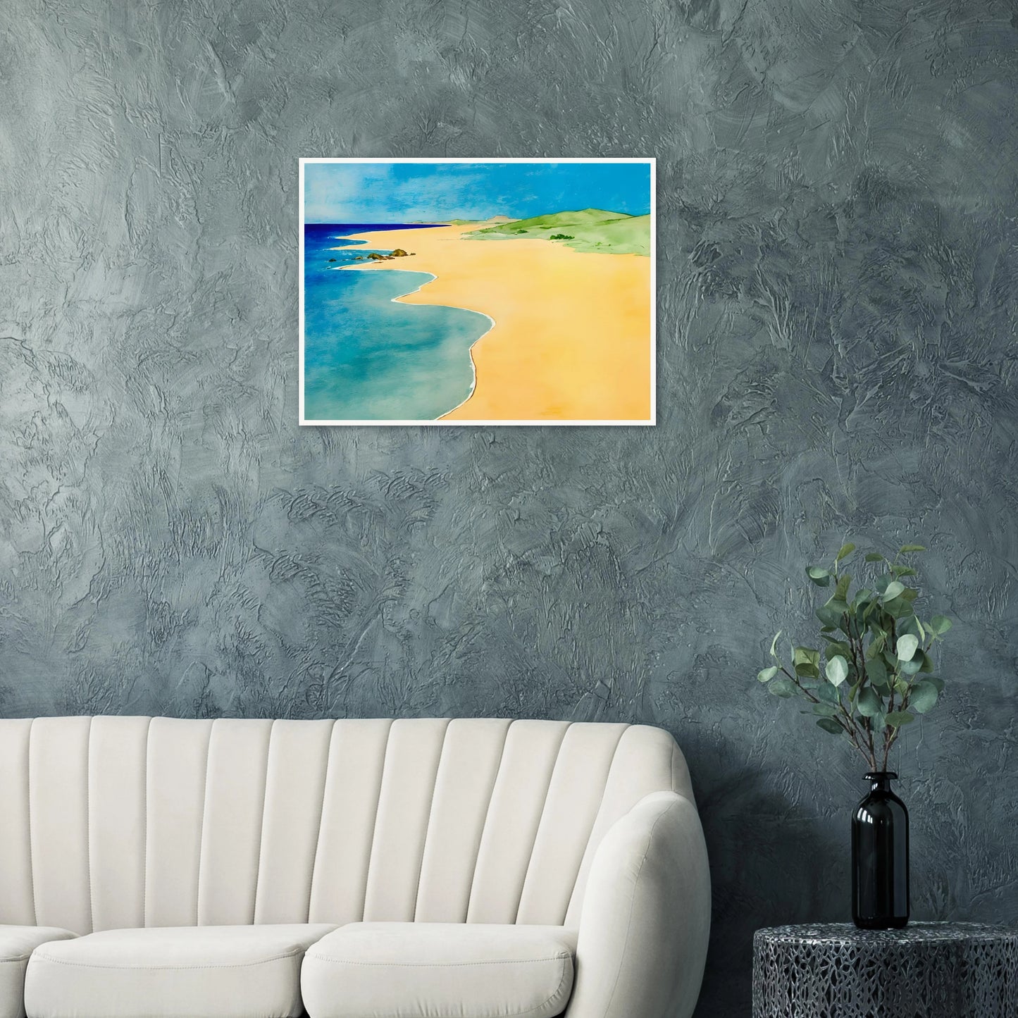 A calm beach scene with golden sand, turquoise waves, and green hills under a bright blue summer sky.