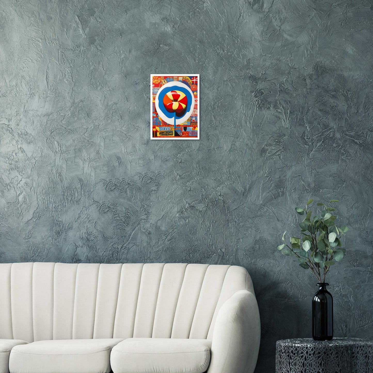 Colorful painting featuring a bold lollipop design at the center surrounded by retro-inspired pop art elements and vibrant patterns.