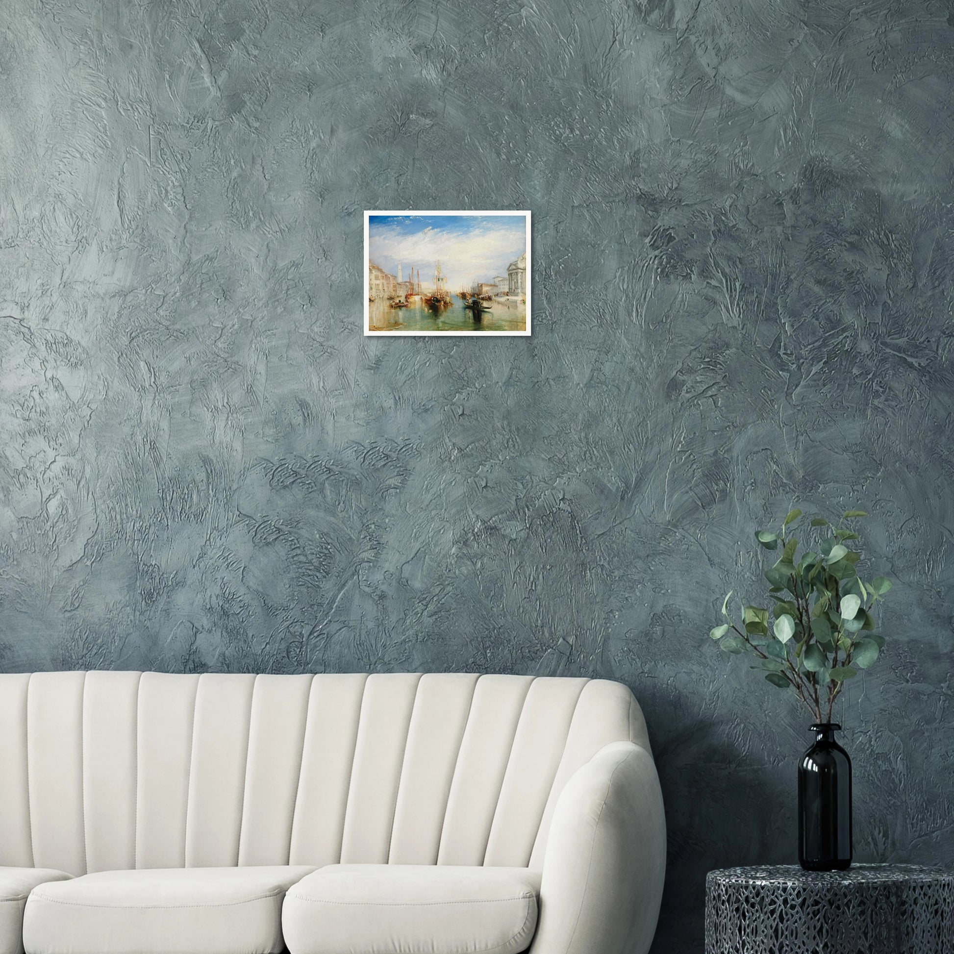 Gondolas and sailing boats fill Venice’s Grand Canal beneath a bright blue sky and luminous clouds.