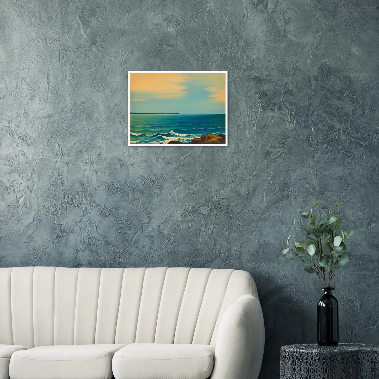 A serene seascape with gentle blue waves and a soft golden sky, capturing the calm rhythm of the ocean at dusk.