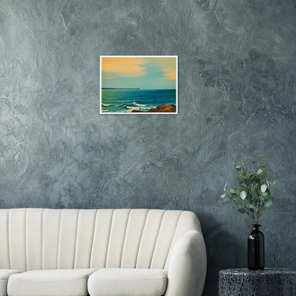A serene seascape with gentle blue waves and a soft golden sky, capturing the calm rhythm of the ocean at dusk.