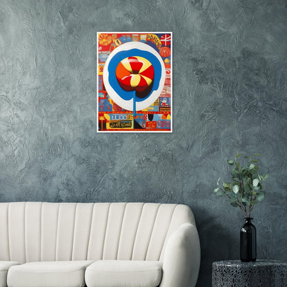 Colorful painting featuring a bold lollipop design at the center surrounded by retro-inspired pop art elements and vibrant patterns.