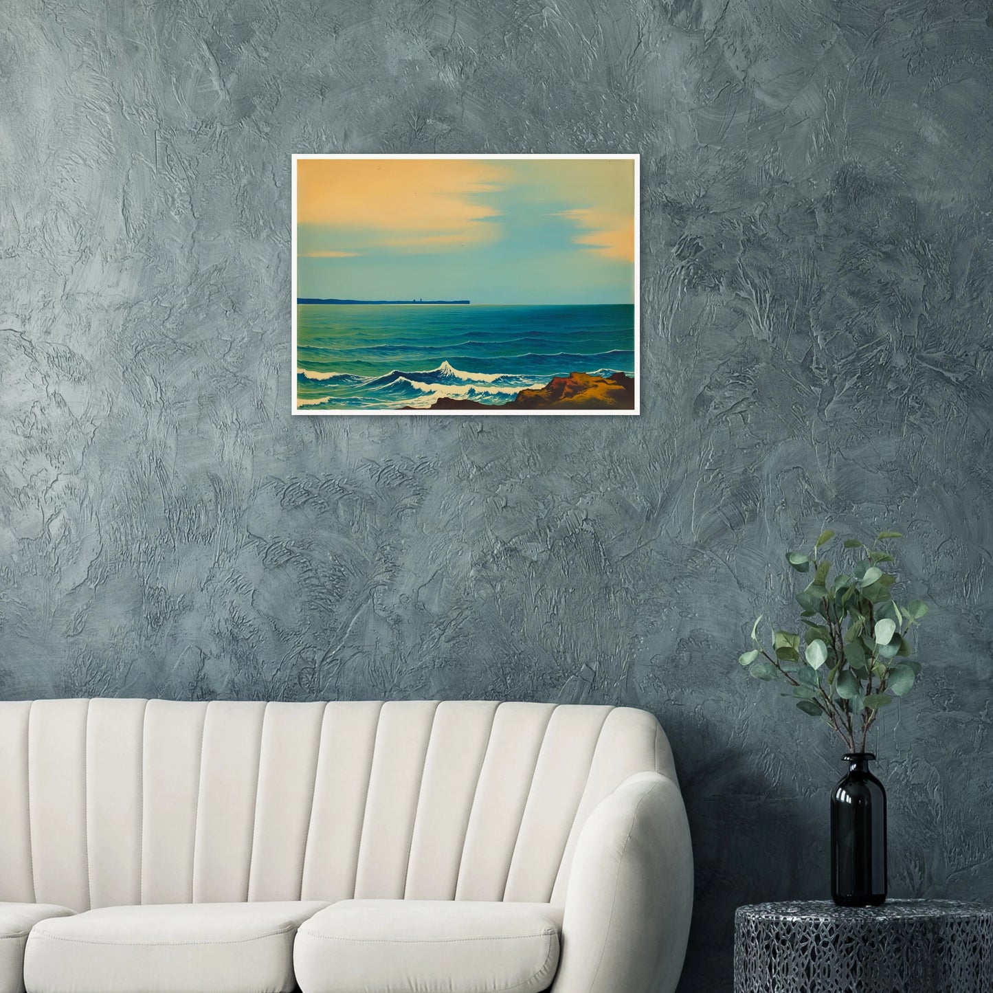 A serene seascape with gentle blue waves and a soft golden sky, capturing the calm rhythm of the ocean at dusk.