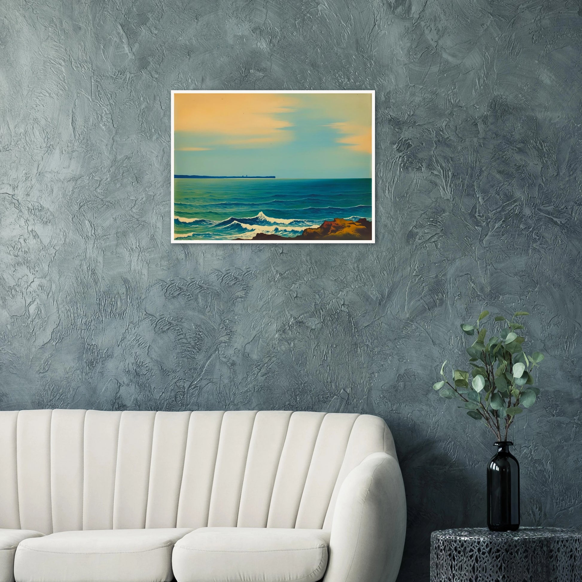 A serene seascape with gentle blue waves and a soft golden sky, capturing the calm rhythm of the ocean at dusk.