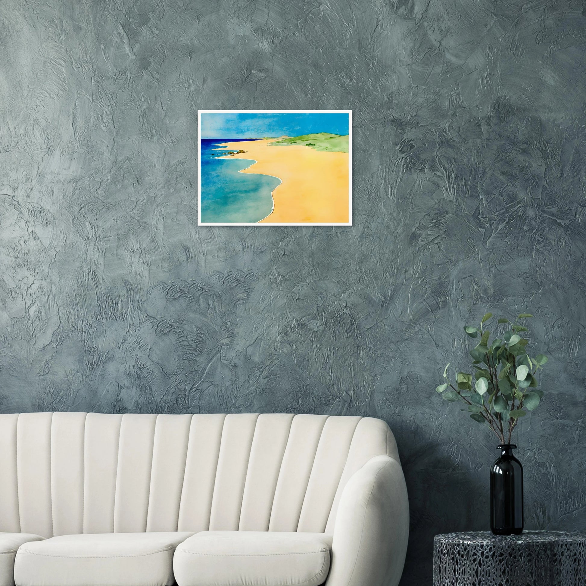 A calm beach scene with golden sand, turquoise waves, and green hills under a bright blue summer sky.