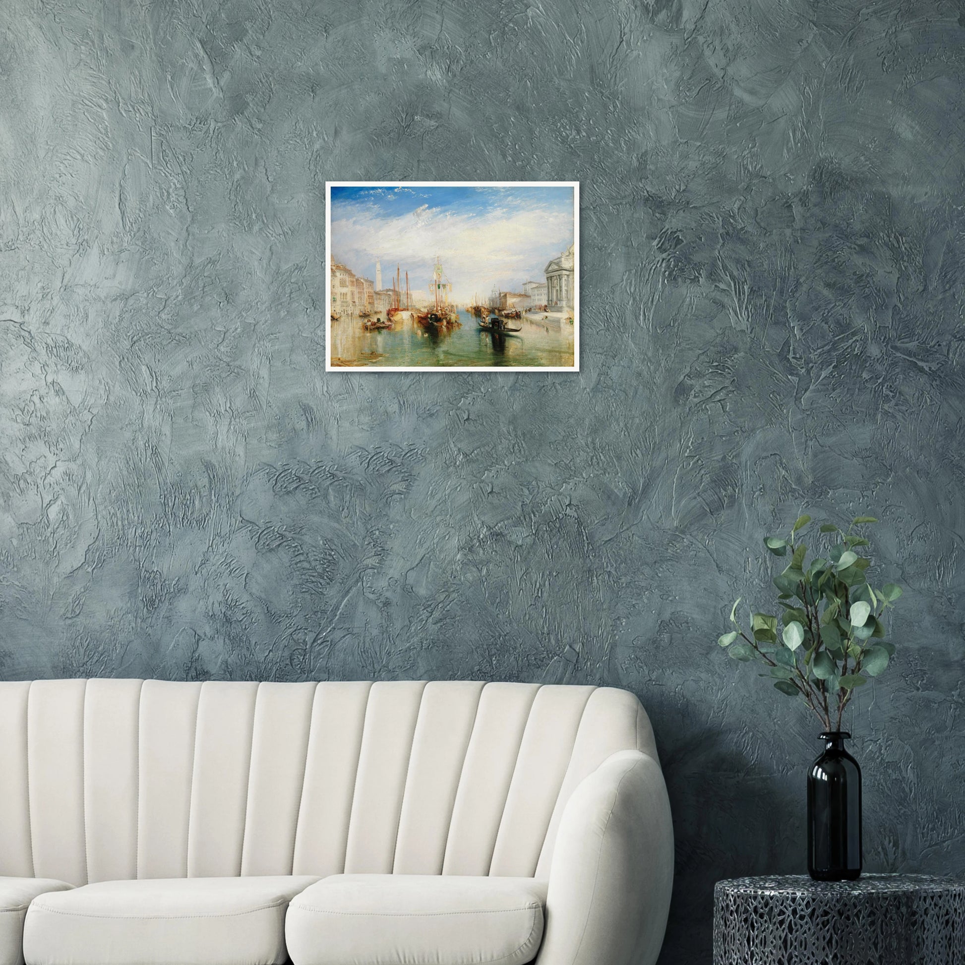 Gondolas and sailing boats fill Venice’s Grand Canal beneath a bright blue sky and luminous clouds.