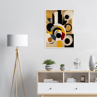 A striking geometric painting featuring bold circular and rectangular shapes in black, gold, white, and red, evoking celestial motion.