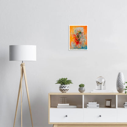 Vivid splashes of red, yellow, blue, and green burst across an orange canvas, evoking movement, chaos, and creative energy.