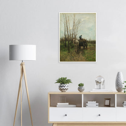 A man loads branches onto a horse cart along a muddy lane beneath bare trees.