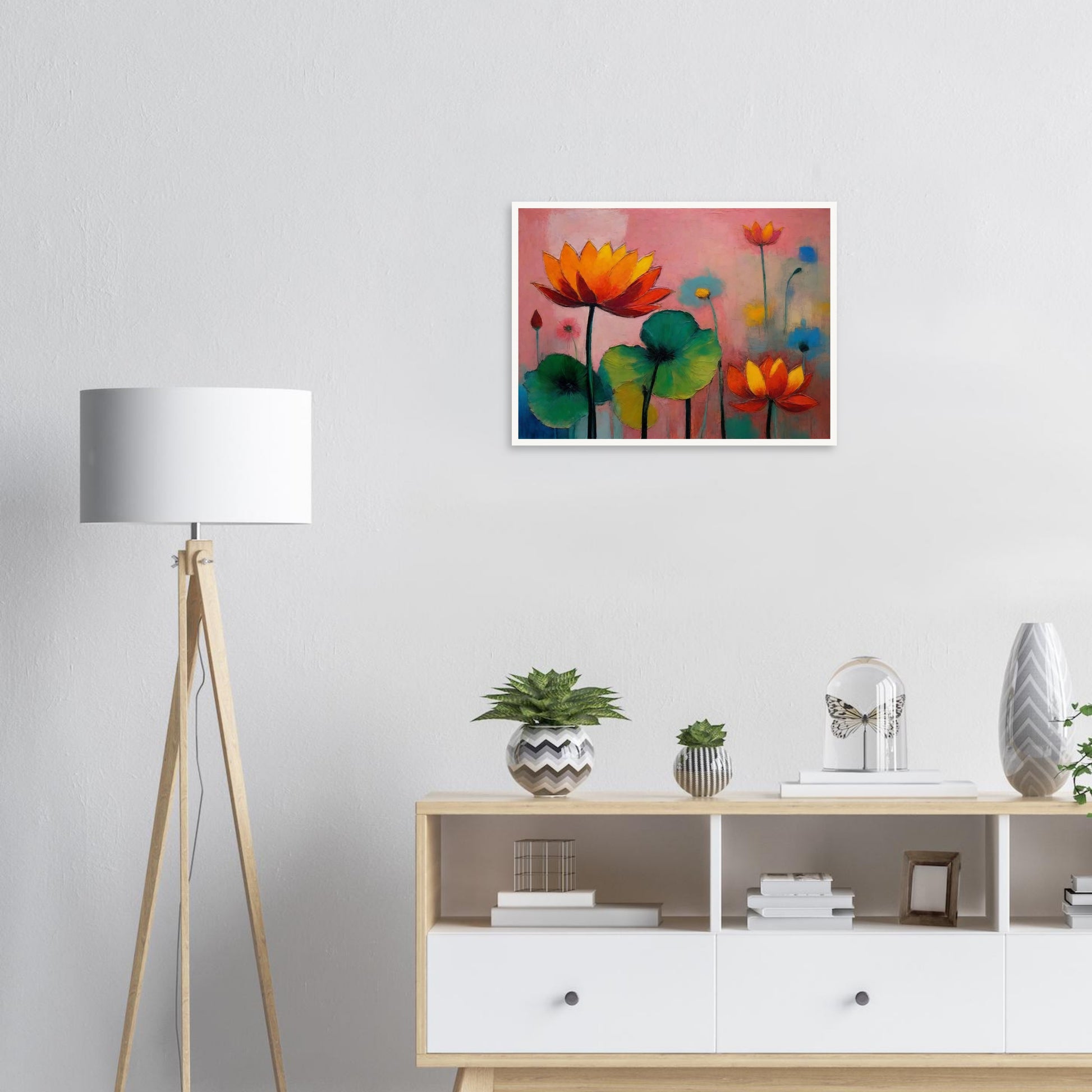 Colorful painting of blooming lotus flowers with vivid orange, red, and green hues against a soft pink and blue background.