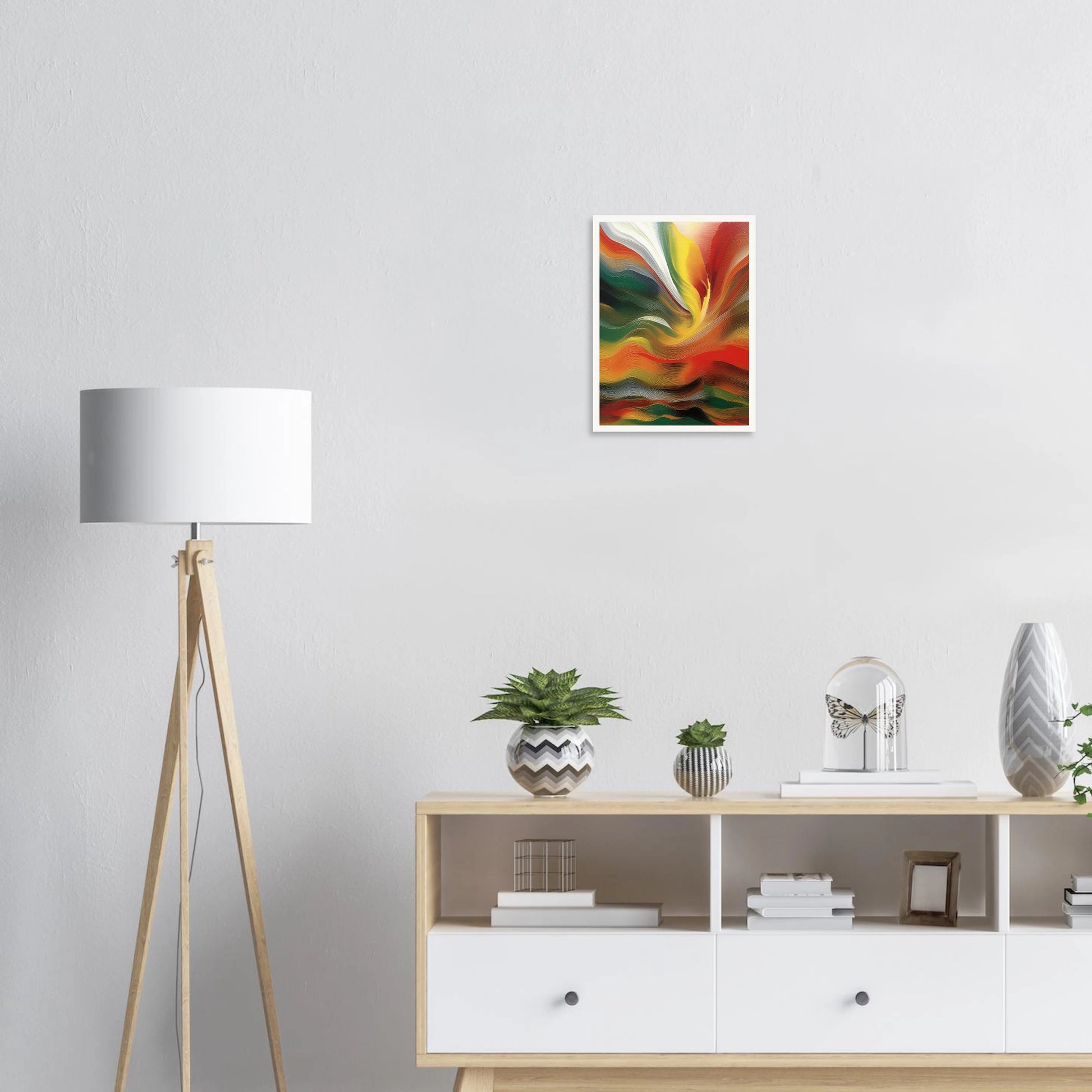Swirling layers of red, green, gold, and white converge in a vivid, flowing motion that evokes fire and transformation.