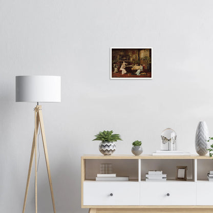 Elegant parlor with women at a piano, rich decor, plants, and a sleeping dog