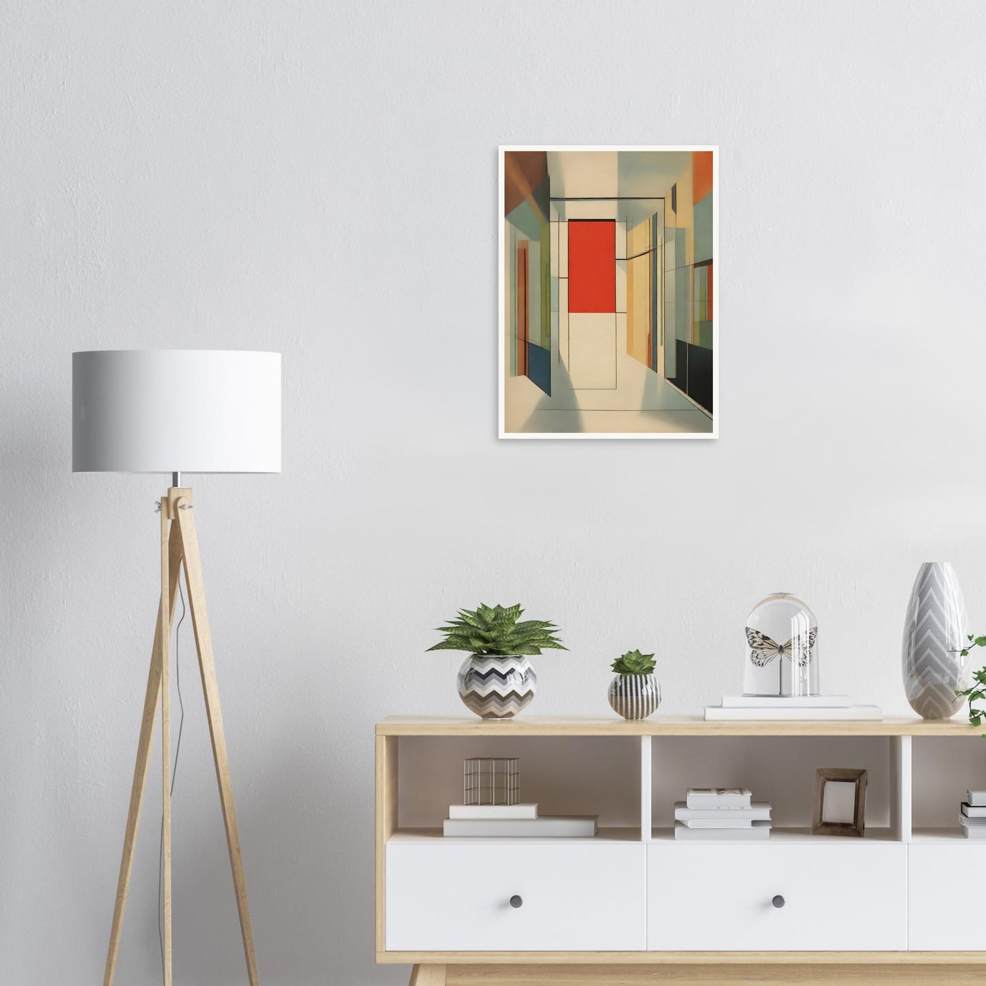 An abstract artwork featuring geometric shapes forming a modern corridor with a prominent red panel at the center, surrounded by muted tones of beige, green, and orange.