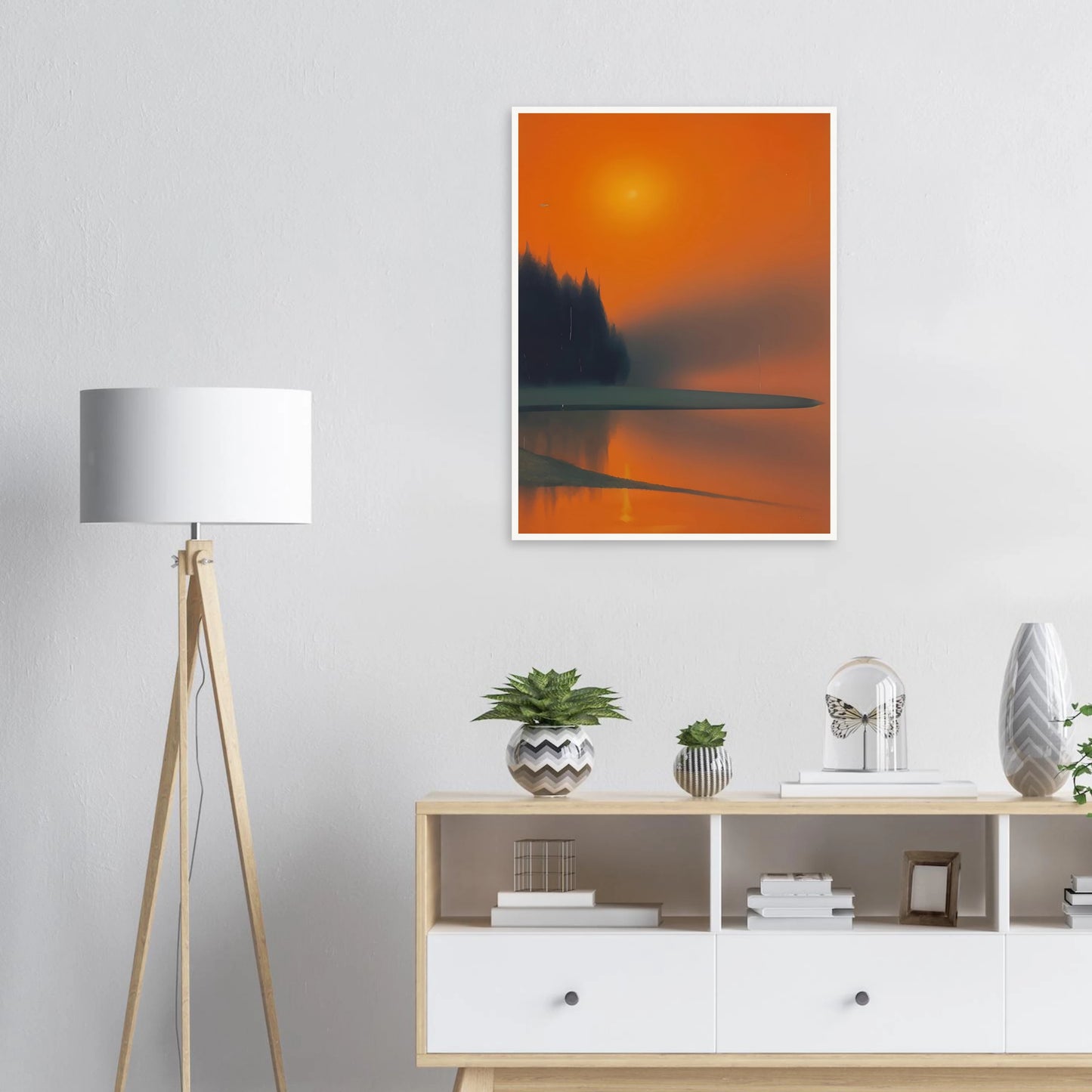 A misty lakeside at sunset, glowing in deep orange and shadowed green tones, evoking quiet beauty and fading warmth.