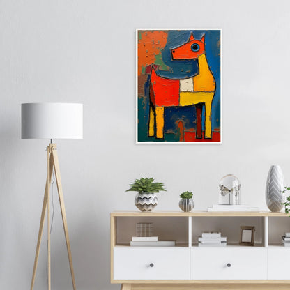 A bold, textured painting of a stylized horse in bright red, yellow, and blue tones, radiating playful and untamed energy.