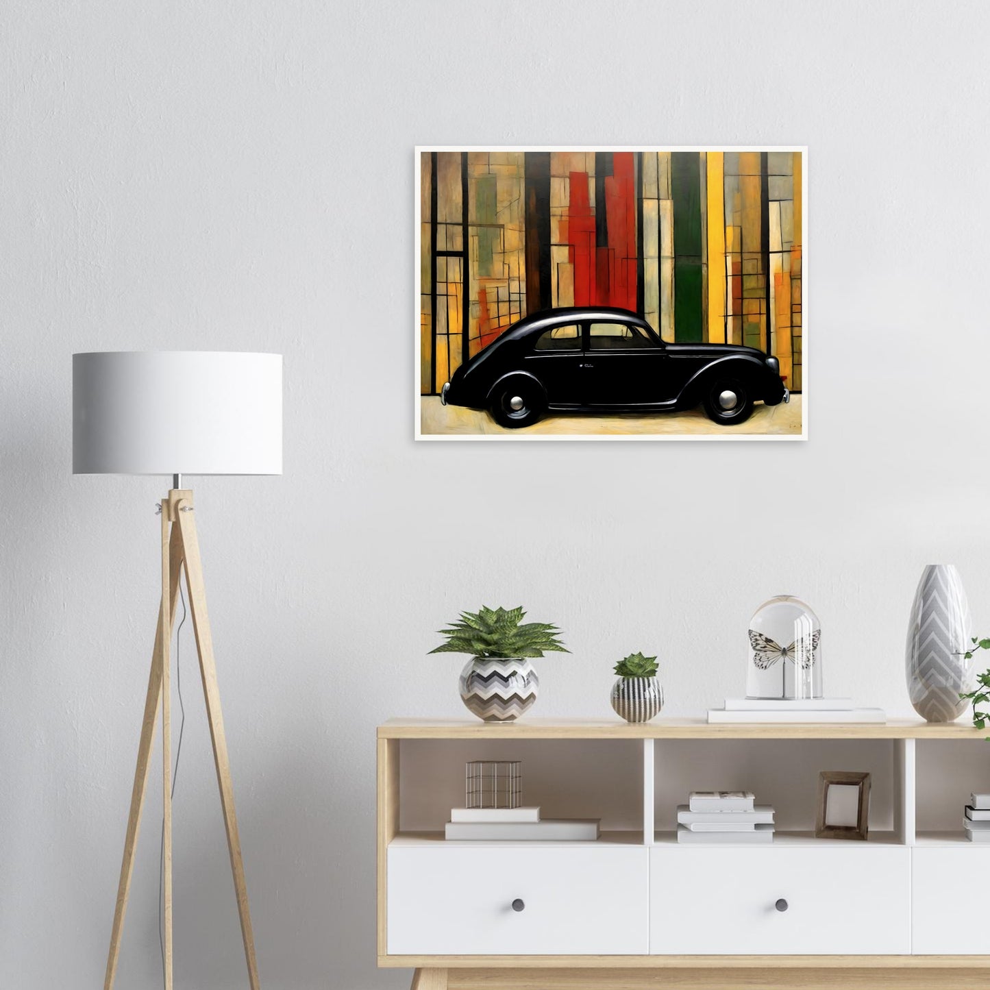 A sleek black vintage car set against a modernist background of vertical colored panels in red, yellow, and green tones.