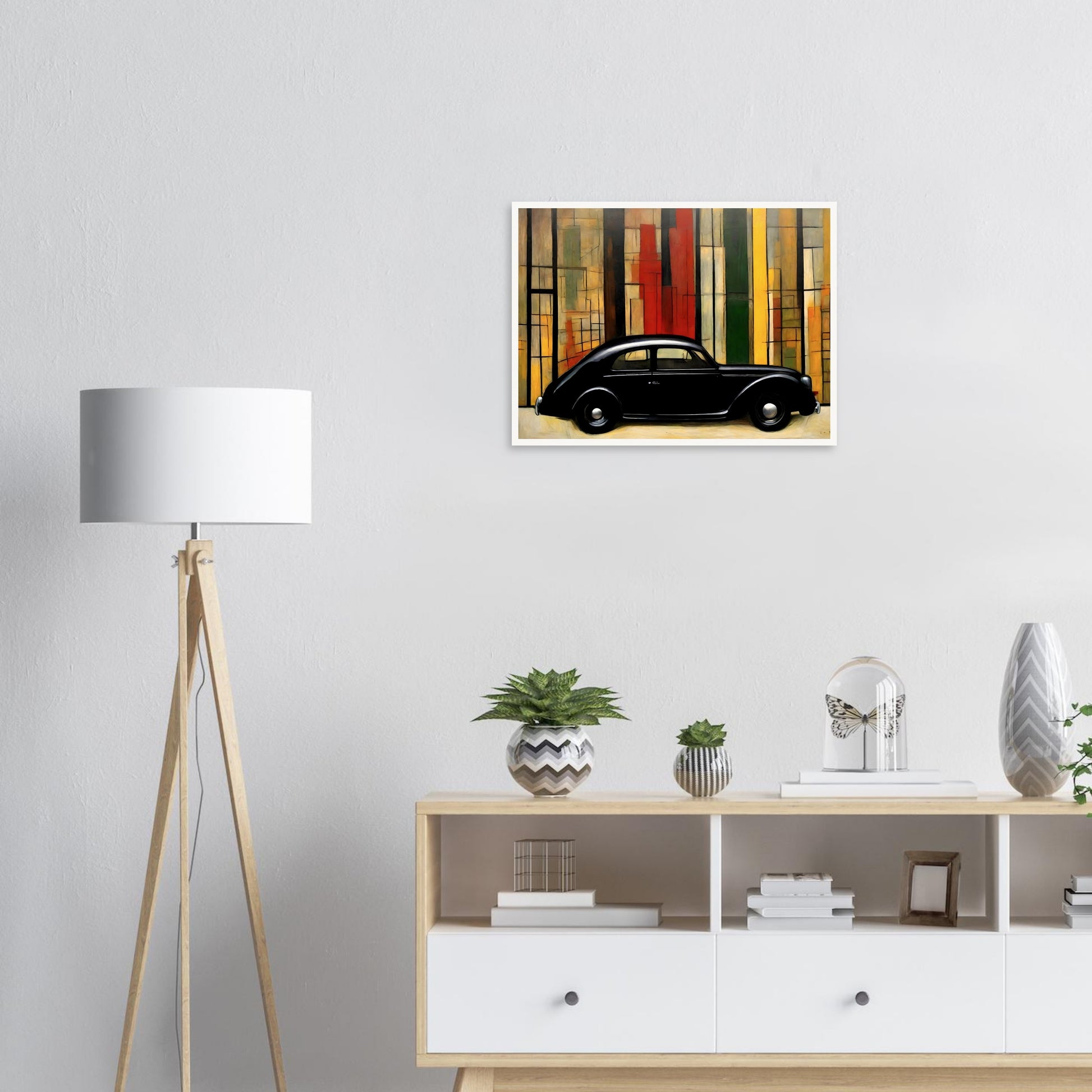 A sleek black vintage car set against a modernist background of vertical colored panels in red, yellow, and green tones.