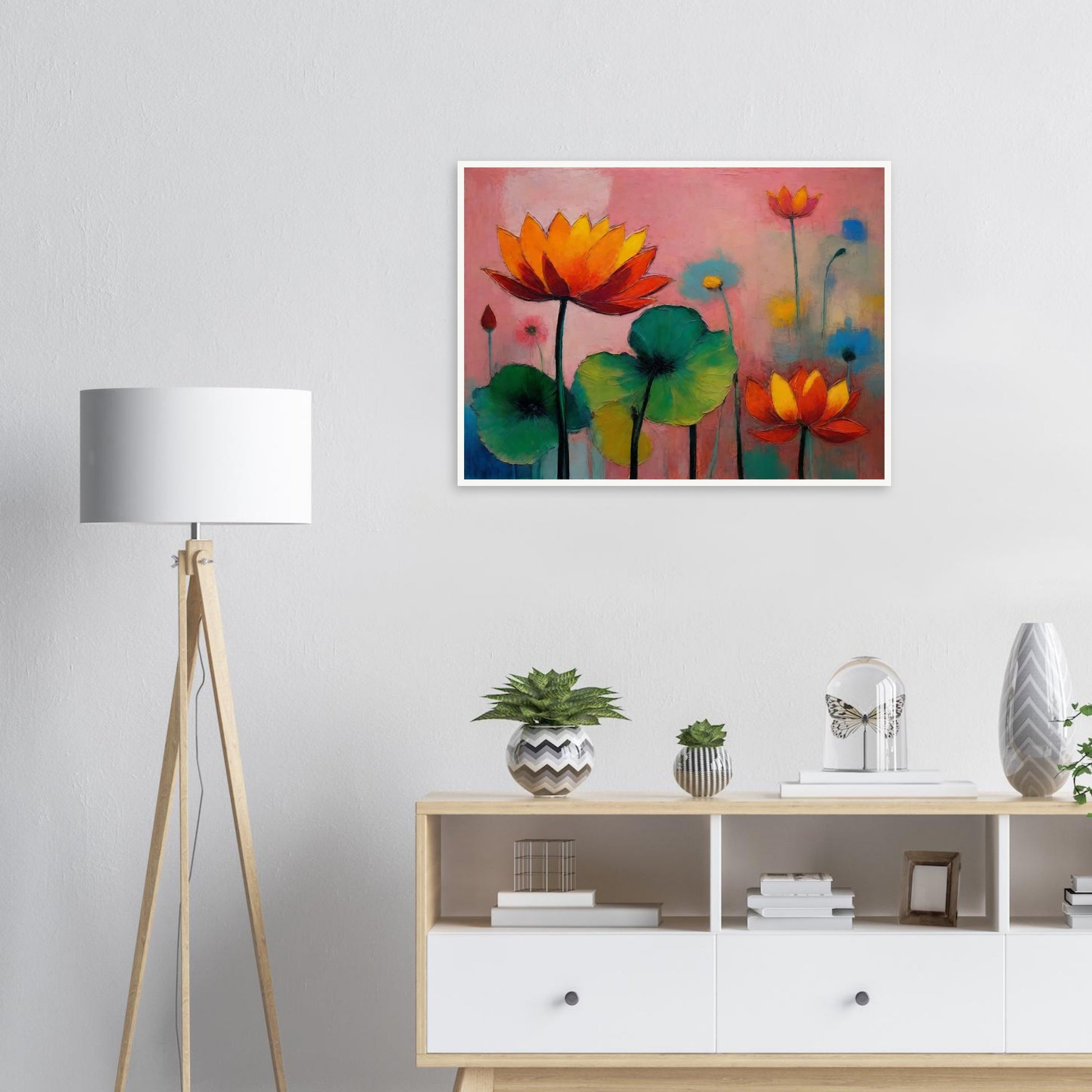 Colorful painting of blooming lotus flowers with vivid orange, red, and green hues against a soft pink and blue background.