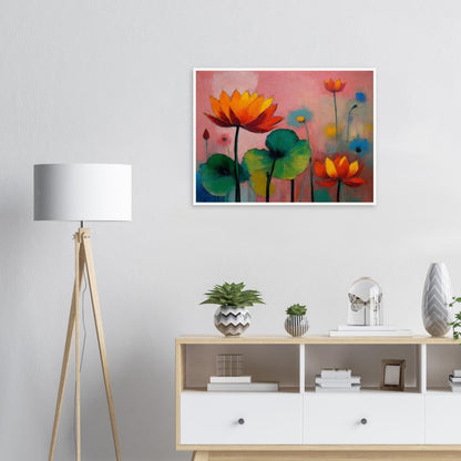 Colorful painting of blooming lotus flowers with vivid orange, red, and green hues against a soft pink and blue background.