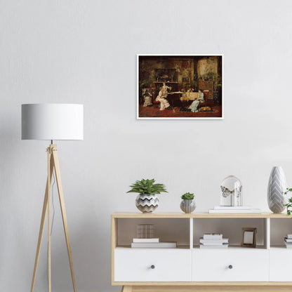 Elegant parlor with women at a piano, rich decor, plants, and a sleeping dog