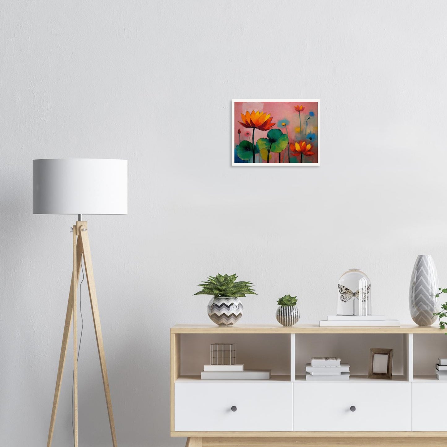 Colorful painting of blooming lotus flowers with vivid orange, red, and green hues against a soft pink and blue background.