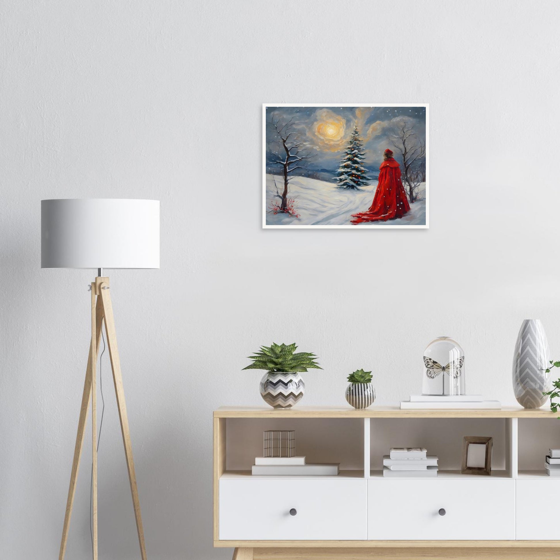 A woman in a flowing red cloak gazes at a glowing Christmas tree in a snowy landscape, illuminated by a radiant moon and serene winter sky.