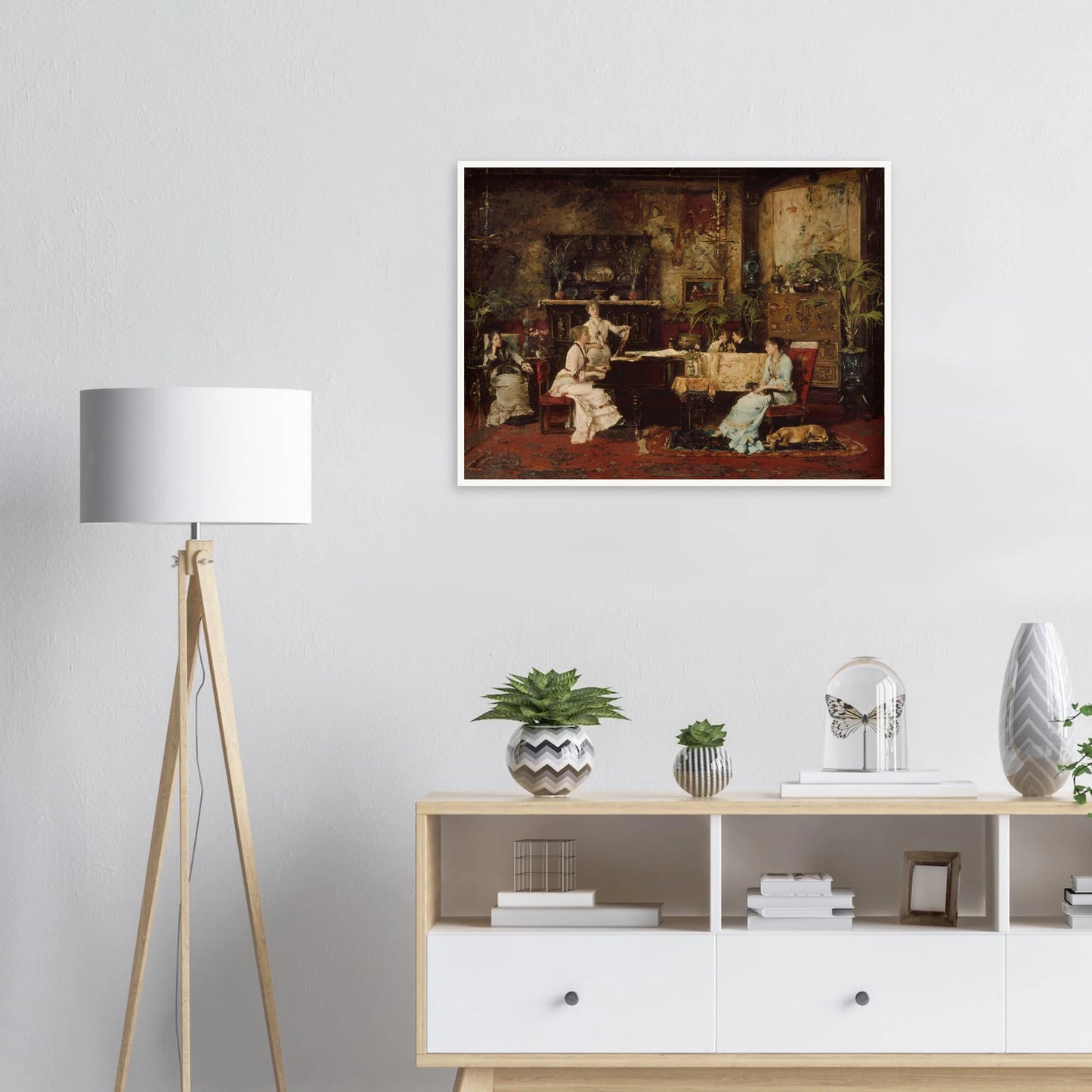 Elegant parlor with women at a piano, rich decor, plants, and a sleeping dog