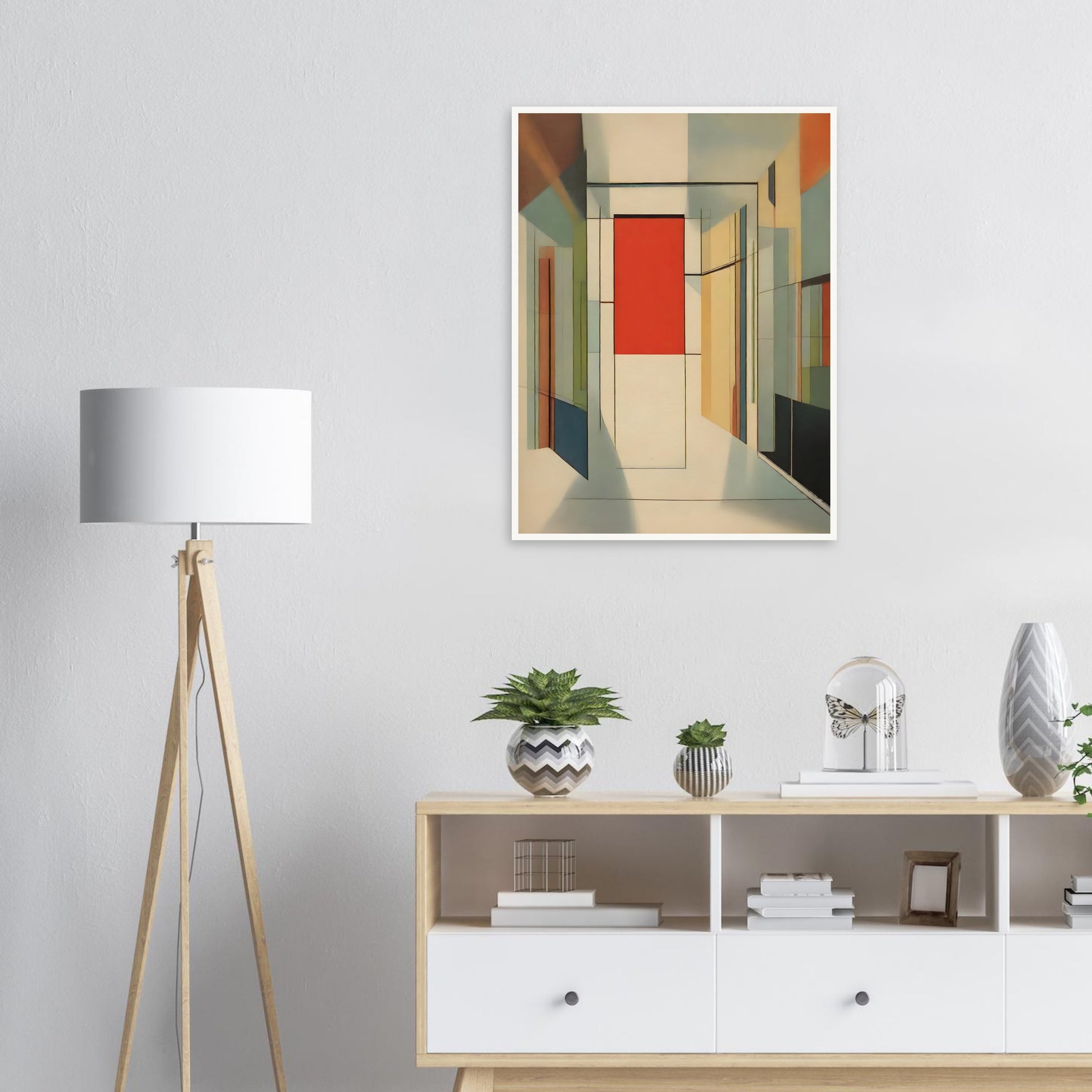 An abstract artwork featuring geometric shapes forming a modern corridor with a prominent red panel at the center, surrounded by muted tones of beige, green, and orange.