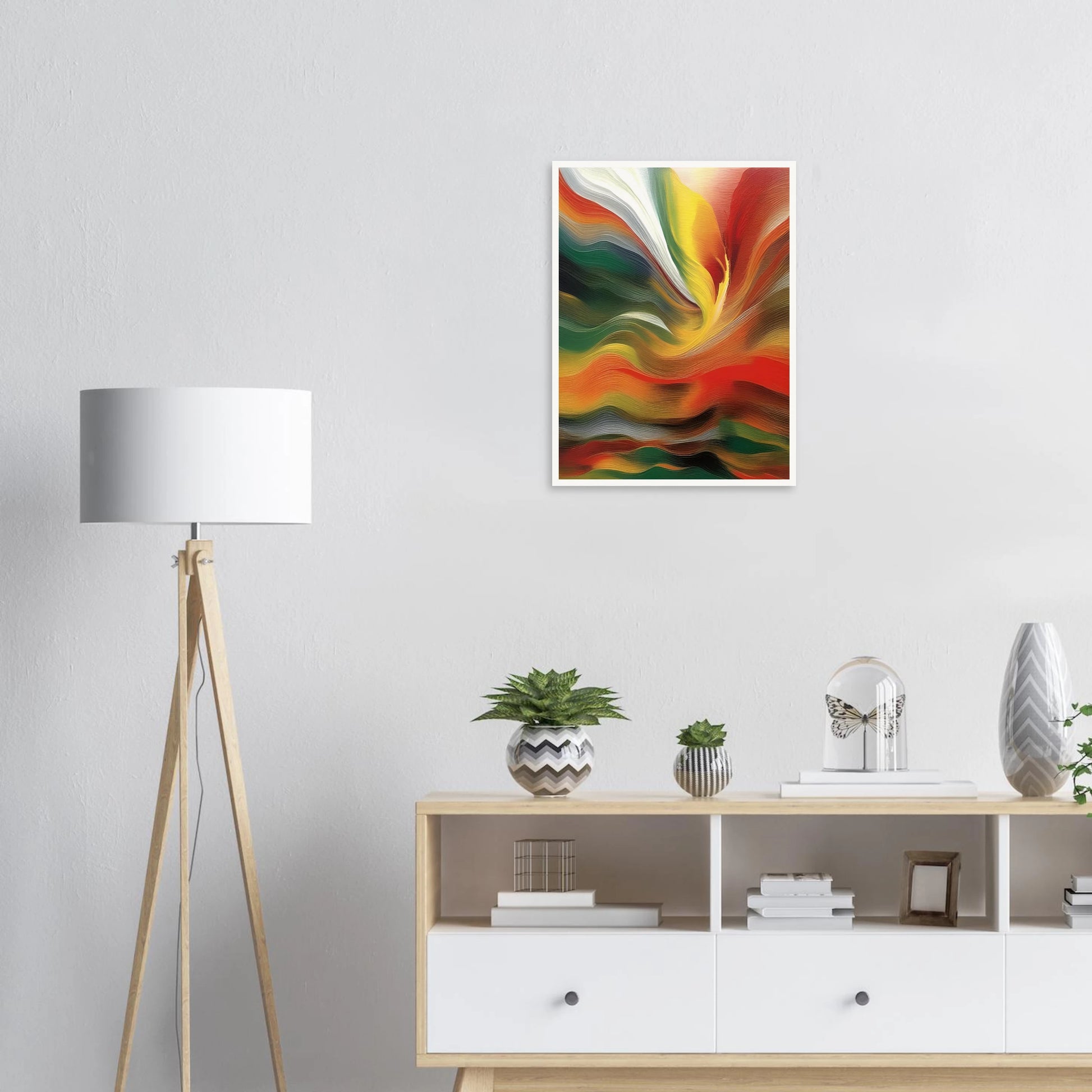 Swirling layers of red, green, gold, and white converge in a vivid, flowing motion that evokes fire and transformation.