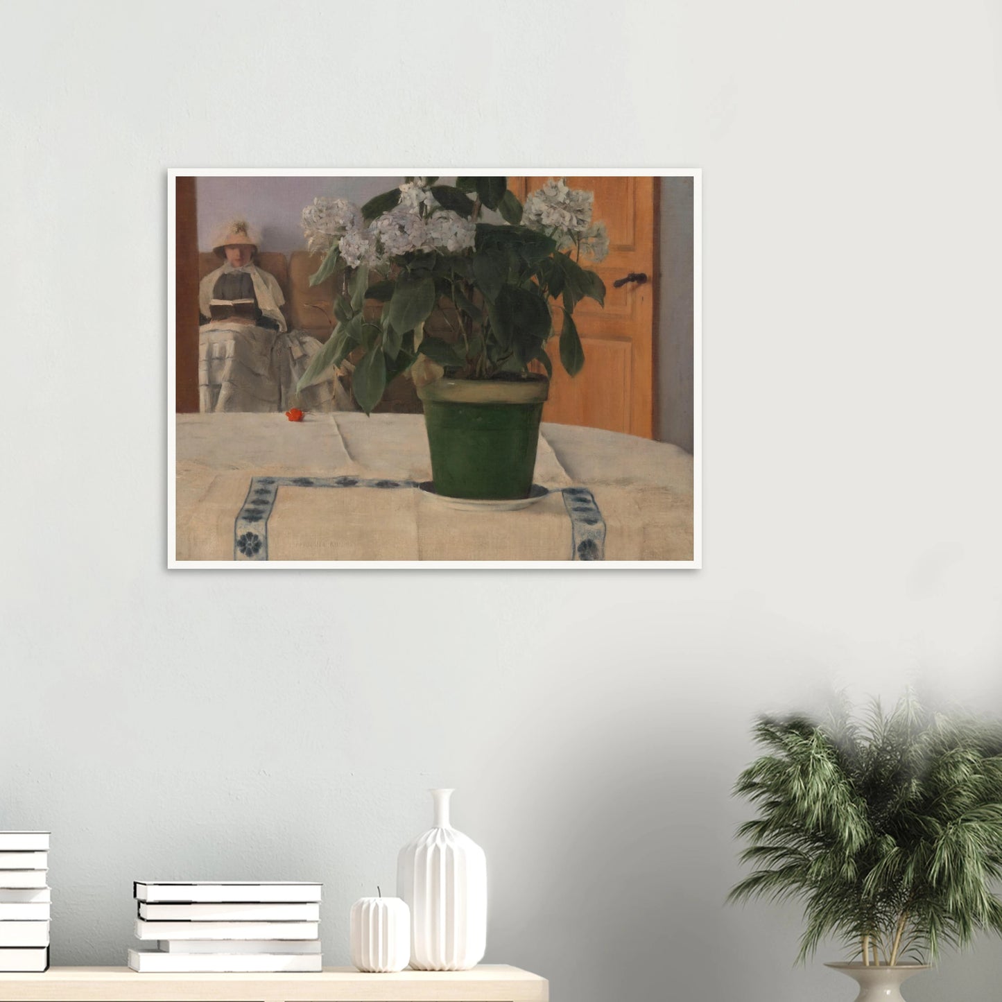 A potted hydrangea dominates a quiet interior as a bonneted woman reads in the softly lit background.