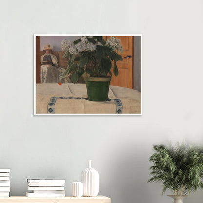A potted hydrangea dominates a quiet interior as a bonneted woman reads in the softly lit background.
