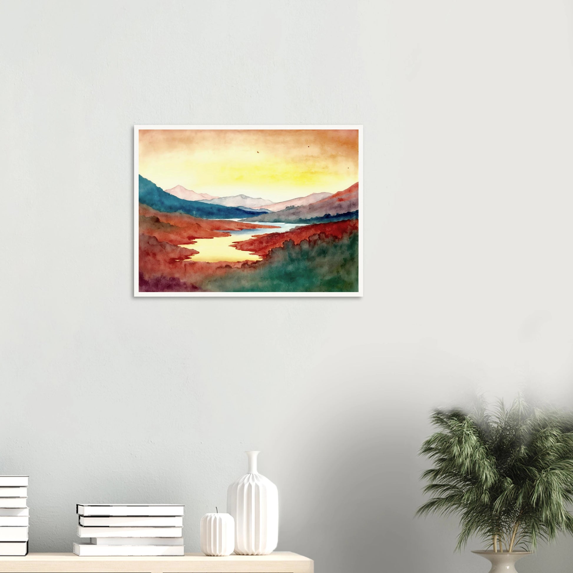 A luminous river winds through crimson hills and distant mountains beneath a glowing sky washed with warm light.