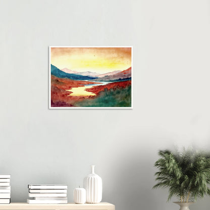 A luminous river winds through crimson hills and distant mountains beneath a glowing sky washed with warm light.