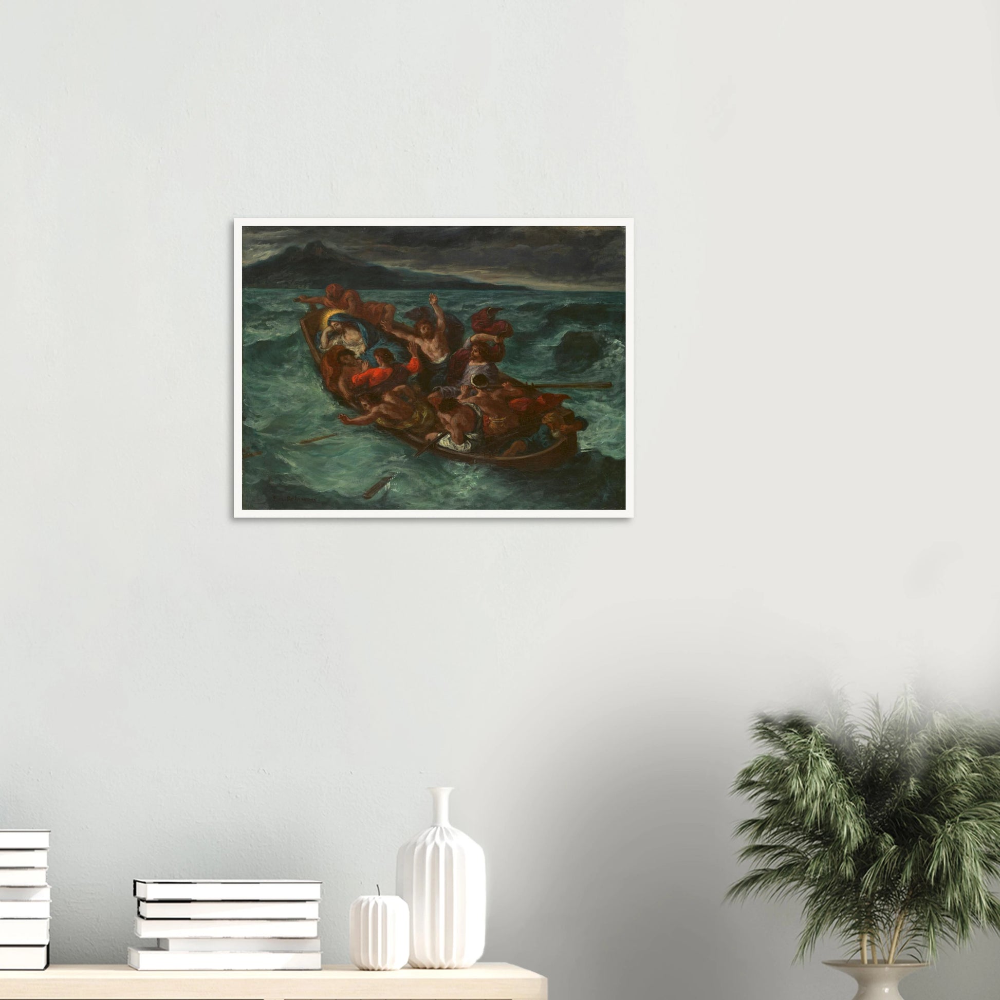 Christ sleeps in a crowded boat as terrified disciples struggle through a violent storm on a dark, churning sea.