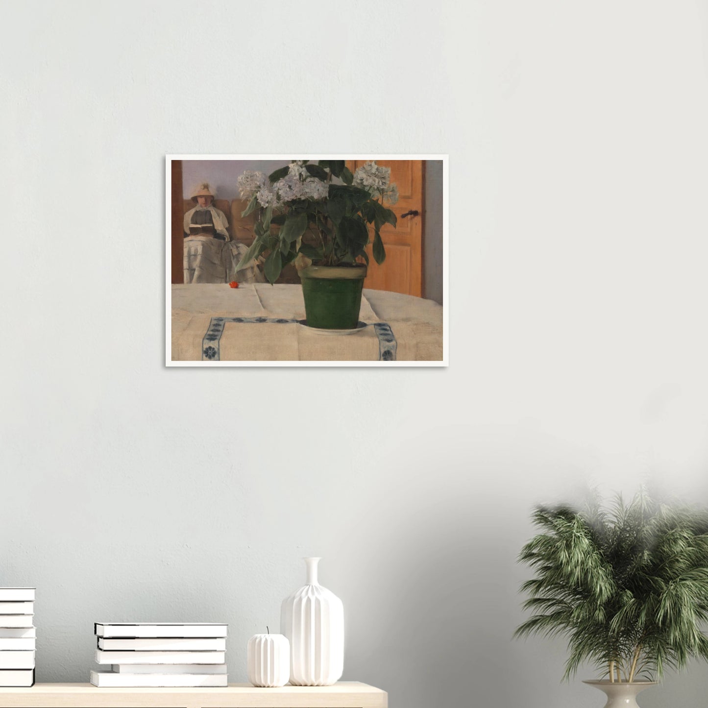 A potted hydrangea dominates a quiet interior as a bonneted woman reads in the softly lit background.