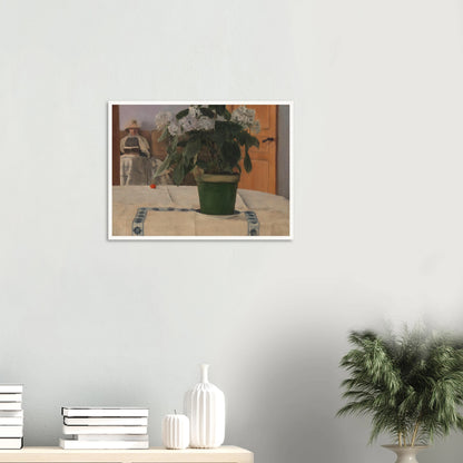 A potted hydrangea dominates a quiet interior as a bonneted woman reads in the softly lit background.