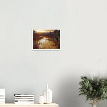 An atmospheric landscape painting depicting a calm marsh or river at sunset, with golden reflections on the water, autumn-toned grasses, and a line of slender trees beneath a glowing evening sky.