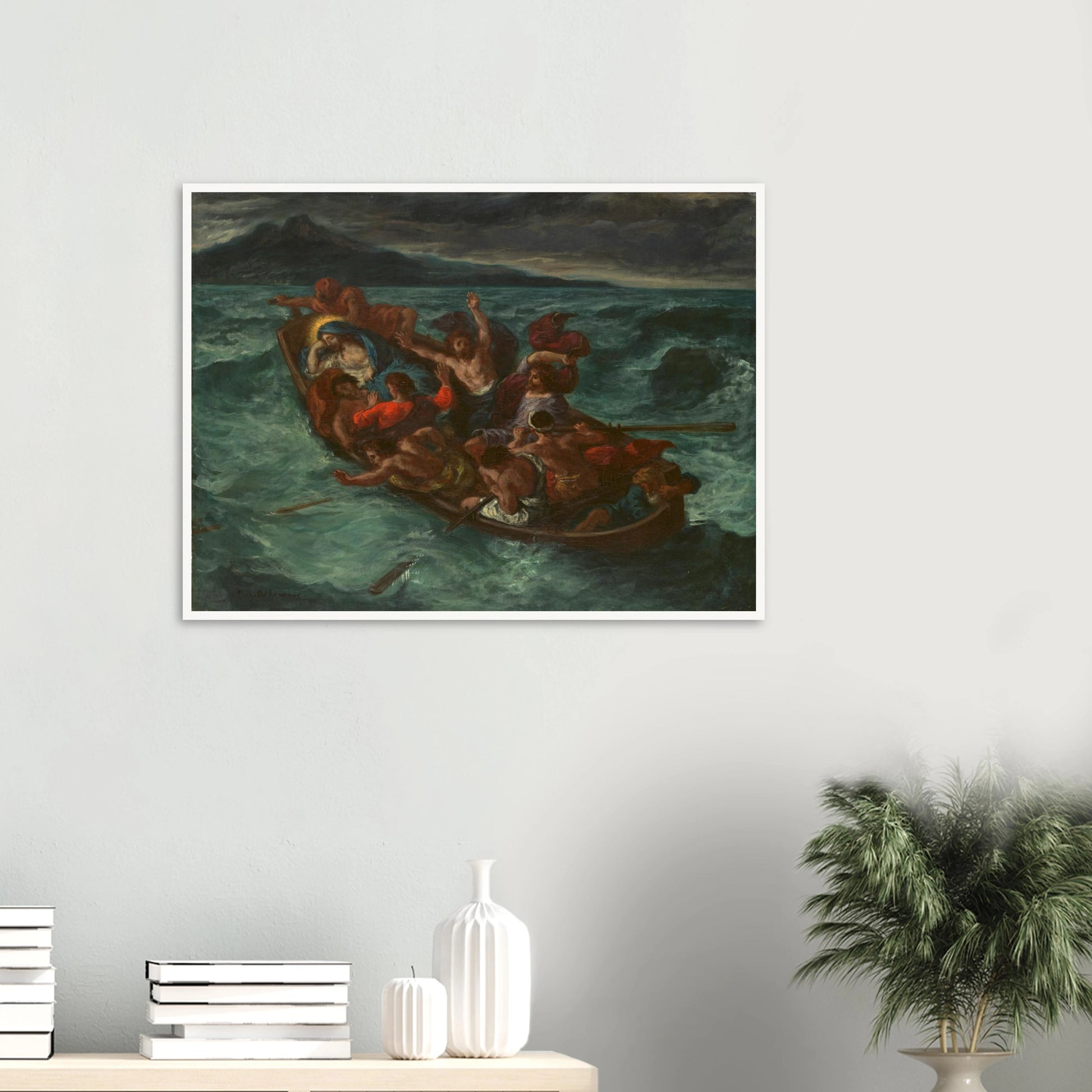 Christ sleeps in a crowded boat as terrified disciples struggle through a violent storm on a dark, churning sea.