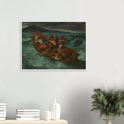 Christ sleeps in a crowded boat as terrified disciples struggle through a violent storm on a dark, churning sea.