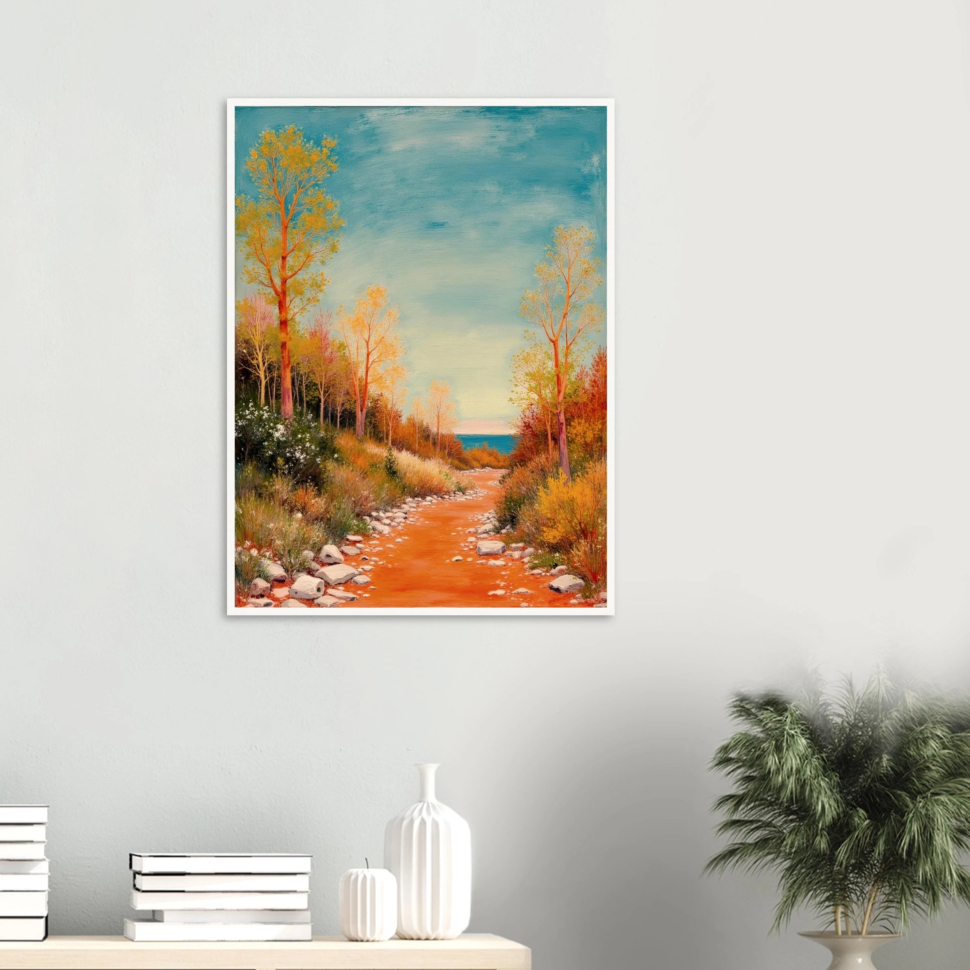 A vivid autumn trail lined with golden trees leads to a calm blue horizon, blending warmth, peace, and gentle adventure.