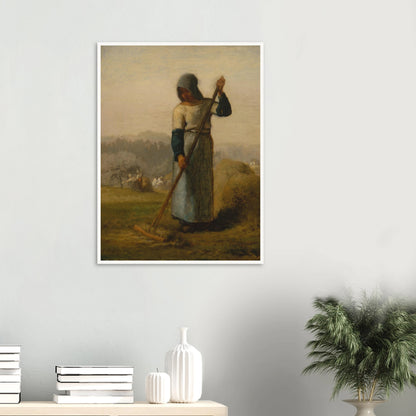 A peasant woman holds a wooden rake beside a haystack as farm workers gather hay in a distant field.