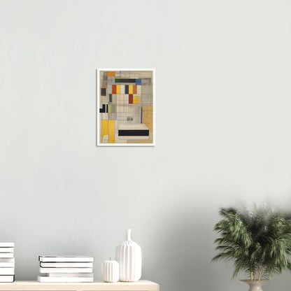 A geometric design with colorful rectangular blocks and intersecting lines, combining muted tones of yellow, red, black, and gray.