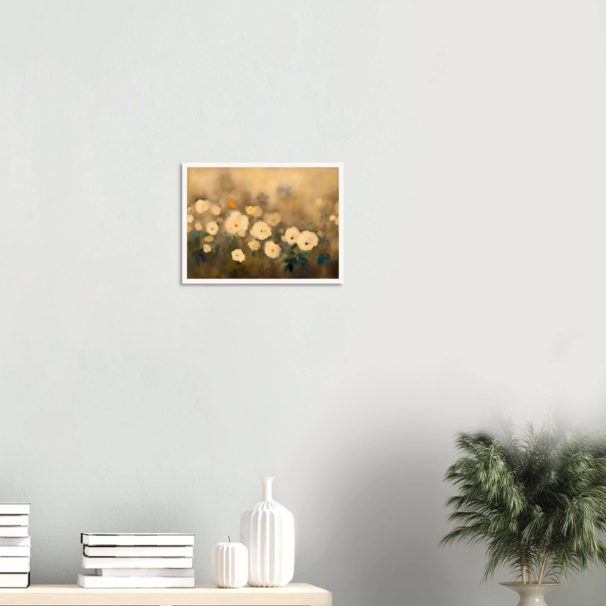 A dreamy floral painting featuring delicate white blossoms scattered across a softly blurred golden-beige background, accented with muted green and blue foliage.