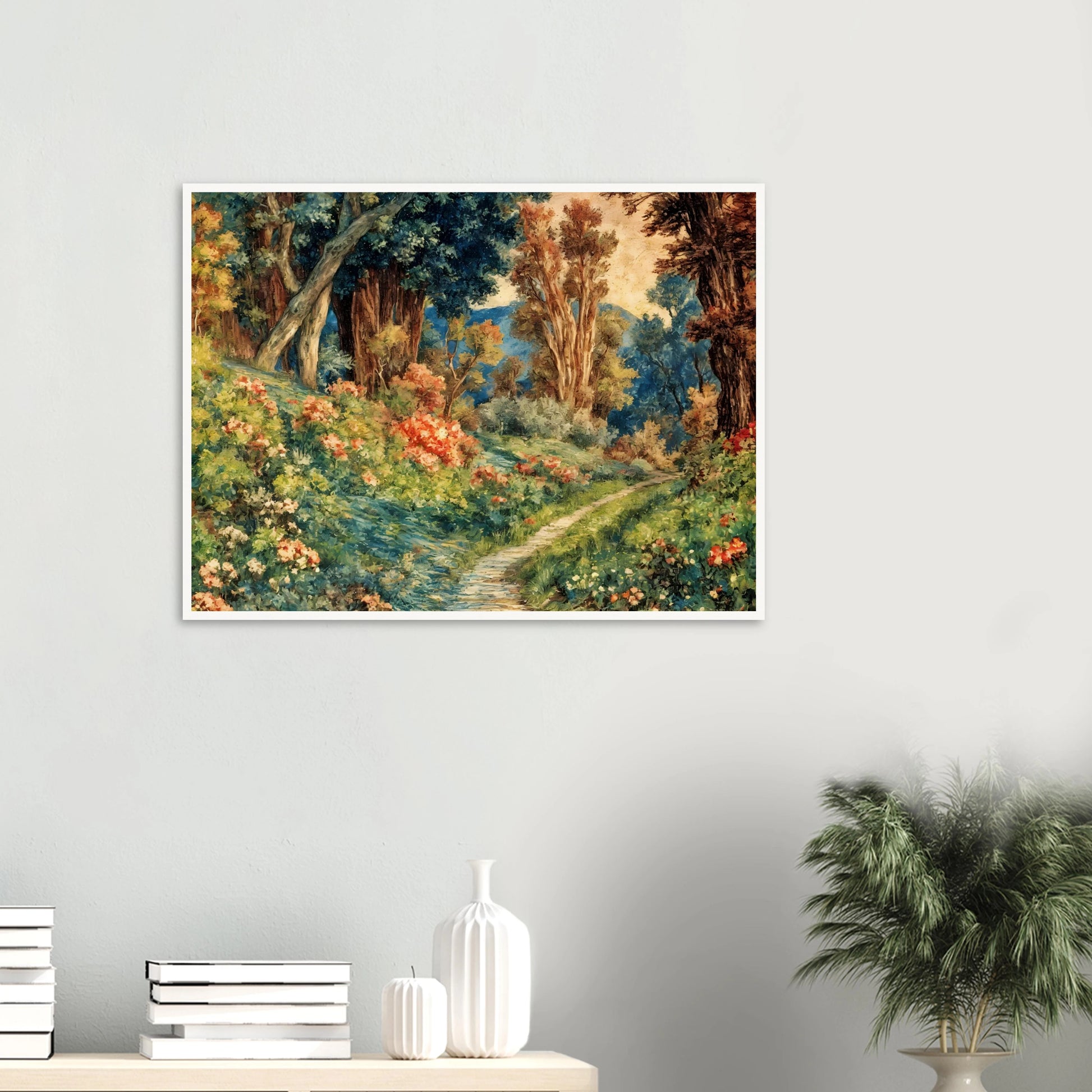 Lush flowering woodland path winding through vibrant trees, soft blossoms, and sunlit greenery in a richly detailed pastoral garden scene.